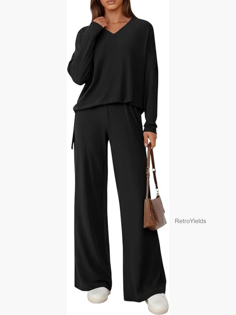 2 Piece Lounge Set Women Sweatsuit Travel Outfits Long Sleeve Wide Leg Pants